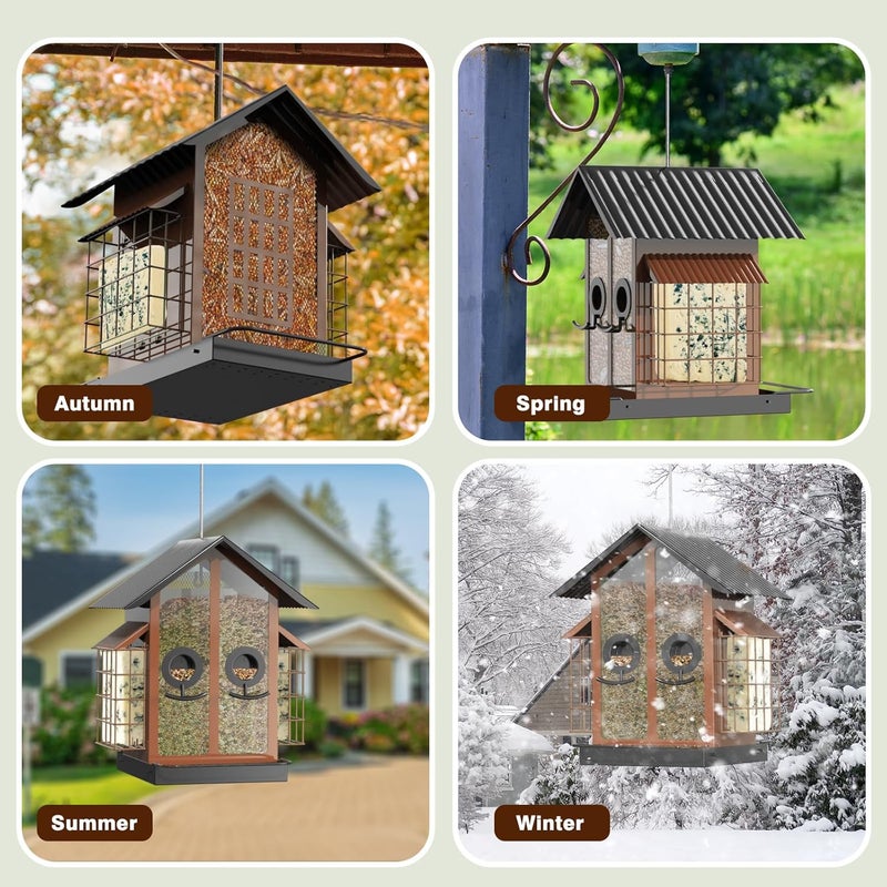 FlowaFoli Bird Feeders for Outdoors, Metal Bird Feeder with Double Suet Cage Weatherproof Metal Roof, 2 in 1 Mixed Seeds Suet Feeder, 4Lbs Large Capacity, Great for Finch、Cardinal、Chickadee（Brown） - Image 5